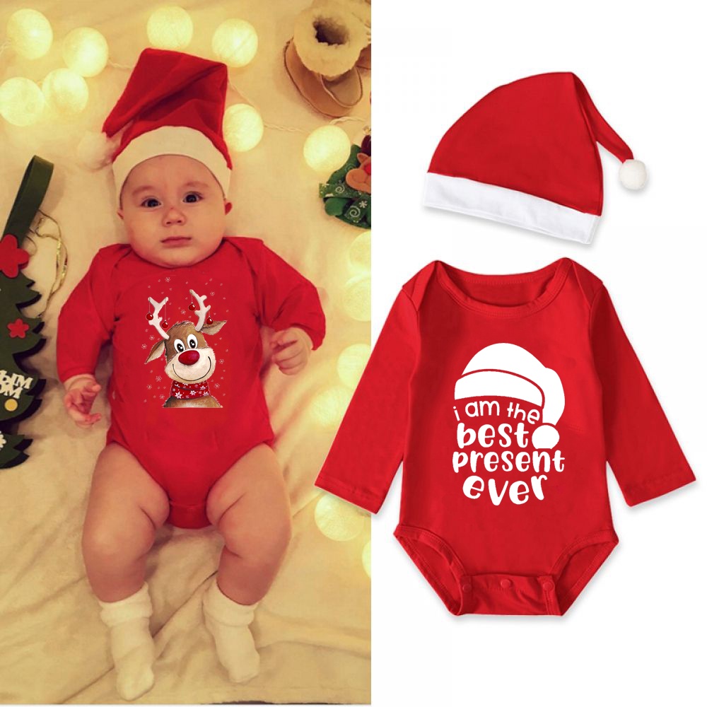 Merry Christmas Babys Bodysuit Elk Printing Red Romper Cotton Clothes ...