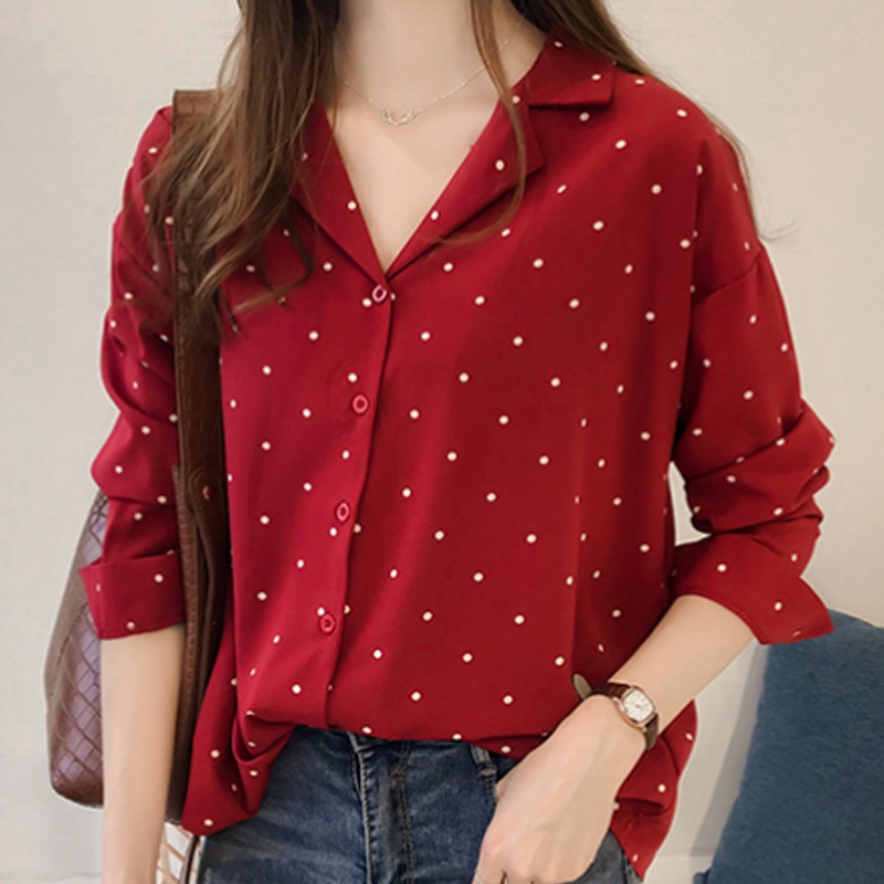 M-4XL Korean Style Women V-neck Long Sleeve Blouse Polket Dot Button ...