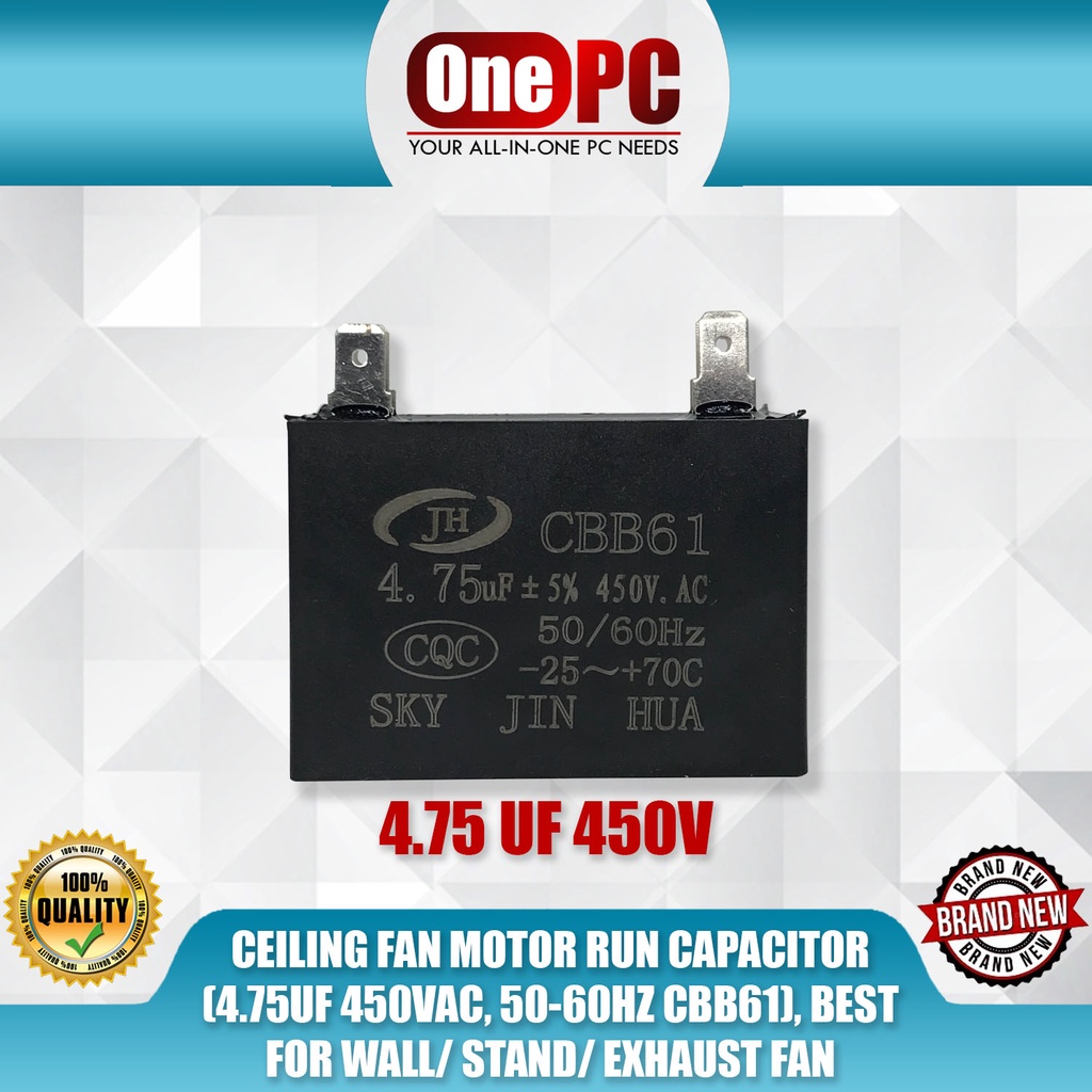 CEILING FAN MOTOR RUN CAPACITOR (4.75UF 450VAC, 5060HZ CBB61), BEST FOR WALL/ STAND/ EXHAUST