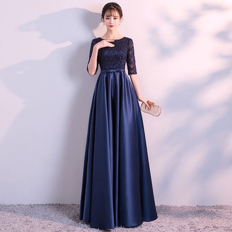 Elegant Navy Blue Lace Evening Dress Mid Sleeve Round Neck Satin Slim ...