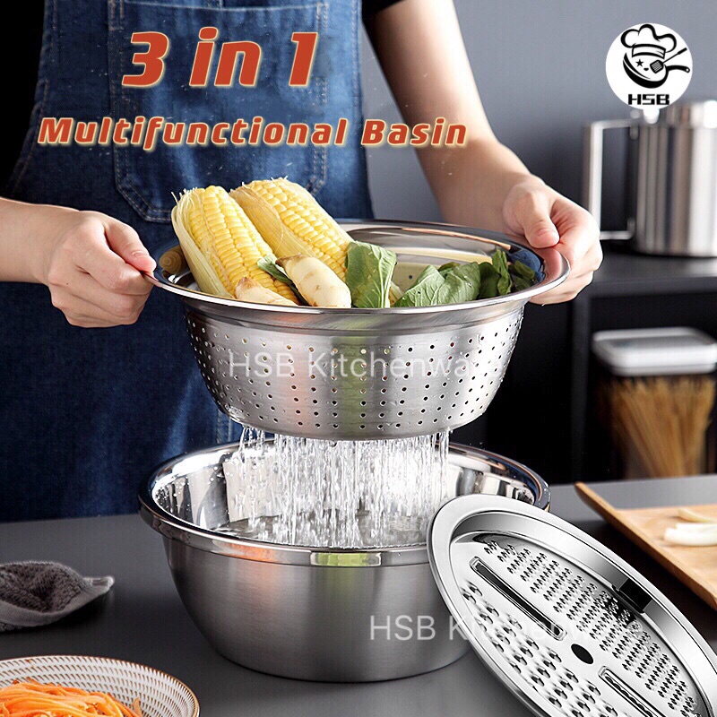 3in1 Multifunctional Stainless Steel Basin Vegetable Cutter Grater and  Strainer Colander D/S-07