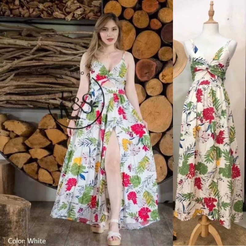 Adudrey maxi summer Backlessdress w slit summer floral long dress