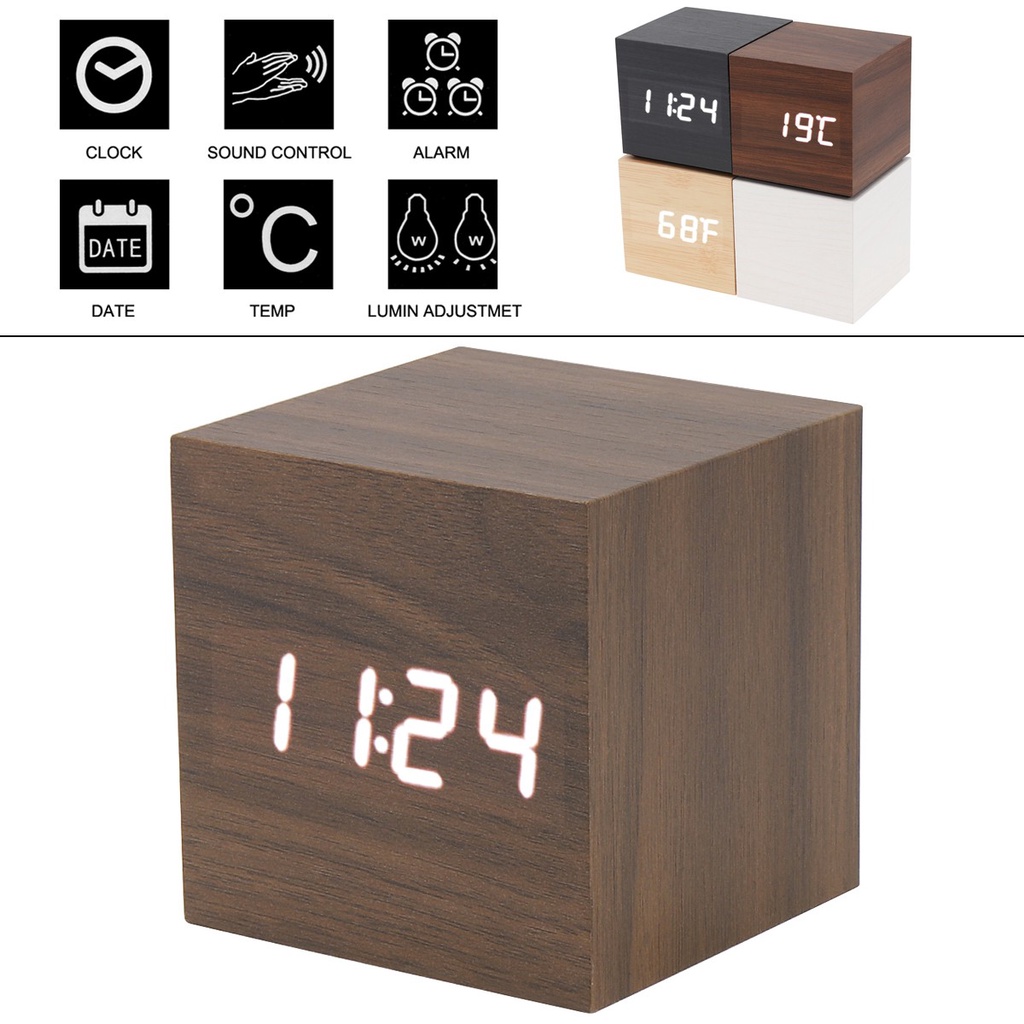 LED Wood Square Table Desktop Clocks Alarm Clock Voice Control Time ...