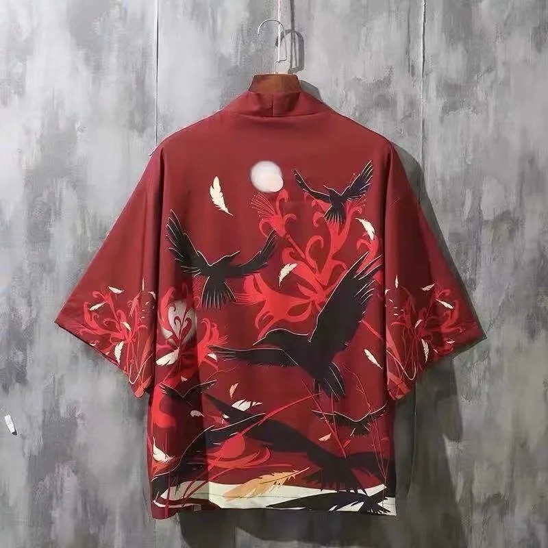 Men's Japanese Robe Short Sleeve Shirt Crow Pattern Japanese Samurai ...