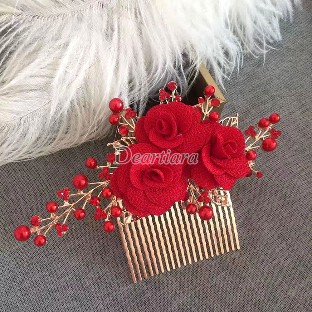 Bride Wedding Hair Accessories Red Flower Head Flower Rhinestone