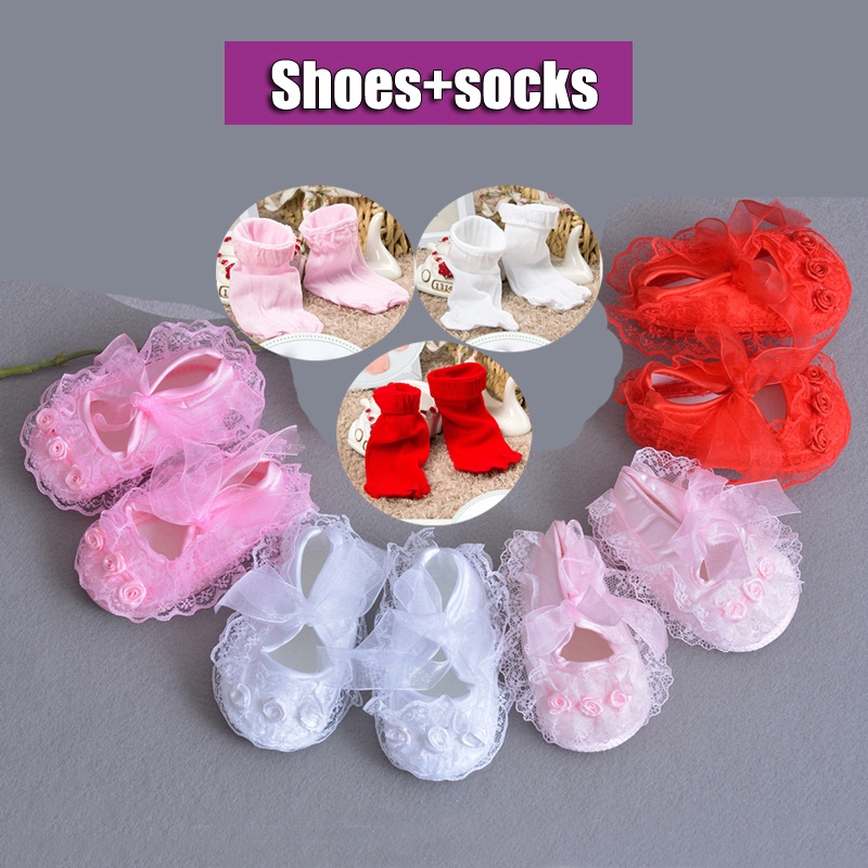 Baby Girl Shoes FREE socks set First Walker Infant Toddler Shoes for  Girls Christening Baptism