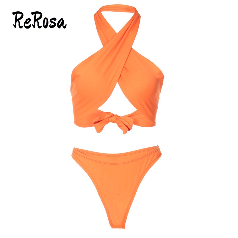 ReRosa Women's Sexy Cross Halter Solid Color Swimsuit Bikini Set