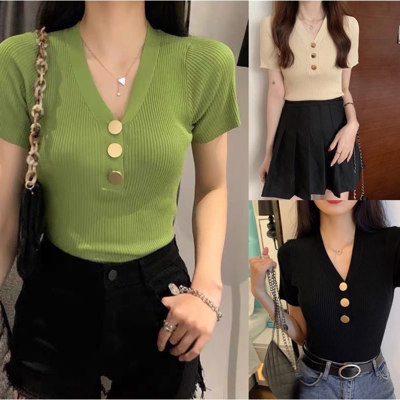 new arrivals korean style knitted blouse /v-neck fashion 2colors blouse ...