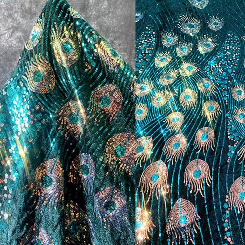 Royalty Feathers Peacock with Embroidery sequins on stretch Mesh Lace Fabric (By 3 Panels) Eggplant