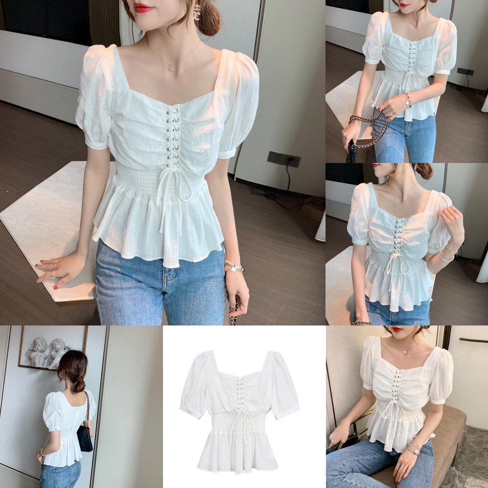 ReadyStock S-XL White Chiffon Blouse Shirt Women Summer Casual Short Sleeve  Ruffles Square Collar Puff Sleeve Tops Women