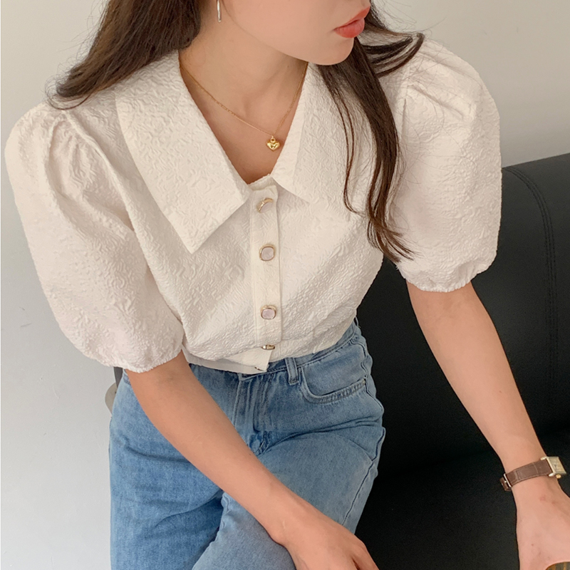 Women Summer New Korean Style Short Sleeve Collared Crop Knit Top Blouse T  Shirt