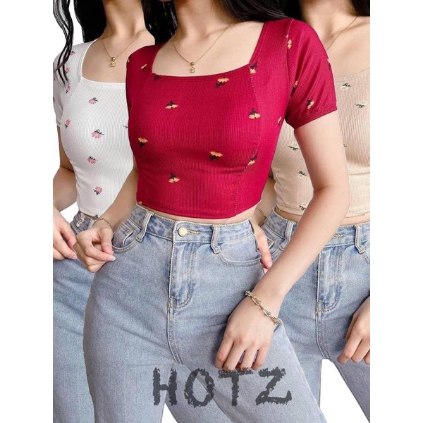 HOTZ Square Neck Vien Knitted Floral Plain Crop Top XS SMALL (SLIM