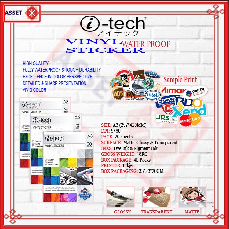 ITECH PRINTABLE VINYL STICKER A3 GLOSSY / MATTE / TRANSPARENT ( 20 ...