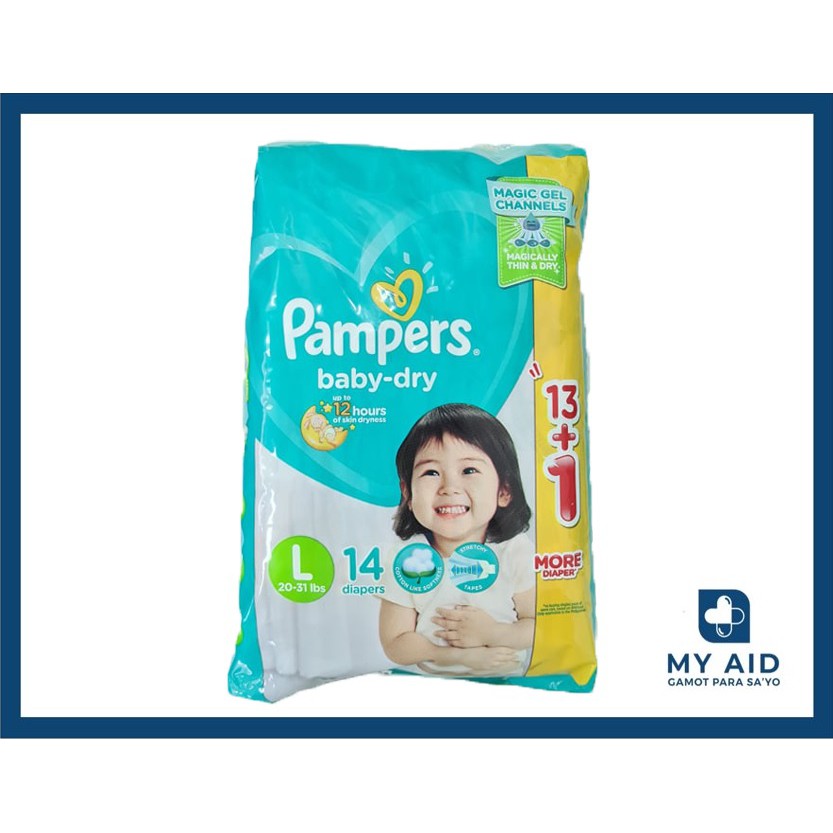 PAMPERS BabyDry 13 + 1 diapers pack (Large up to 20/31 lbs) Shopee