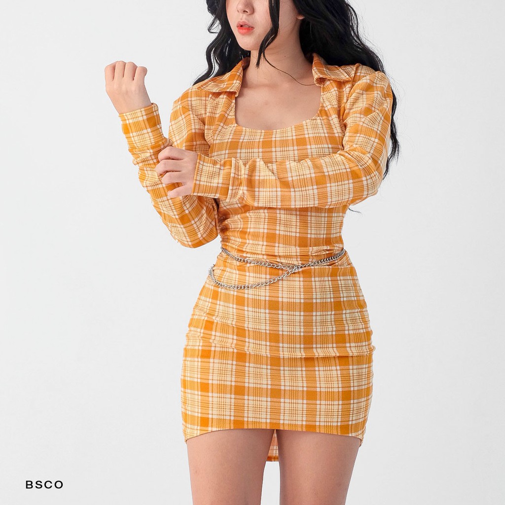 Yellow plaid cheap bodycon dress