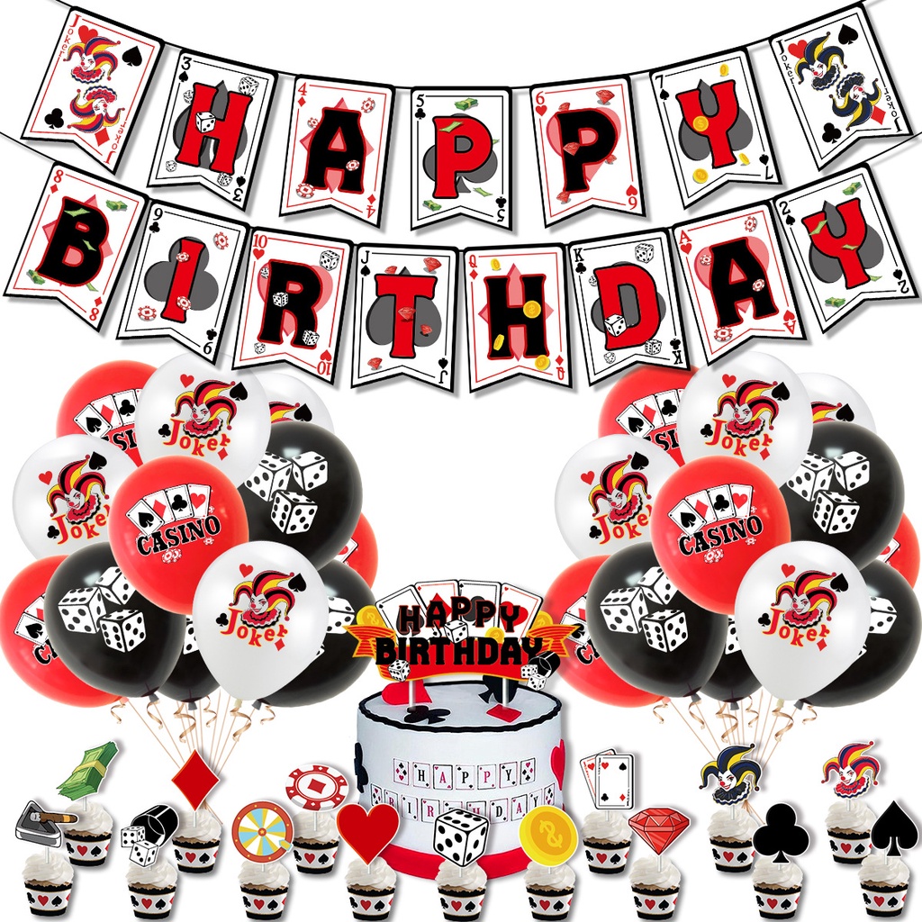 Haooryx 42-Piece Casino Birthday Party Decorations Kit – Poker Theme Banner, Cake Topper, Centerpieces, Swirls