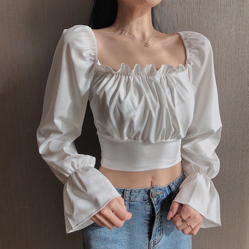 AVA Ready stock Korean Women s Puff Sleeve crop Top Sexy Square Neck Short Chiffon Long Sleeve blouse