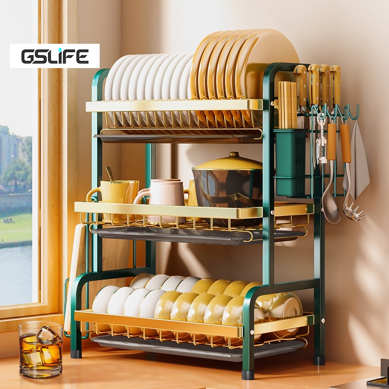 【on hand】diah drainer GSlife 2/3Tier green gold Dish Drainer Dish