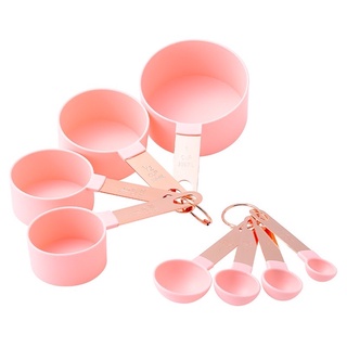 Pink Measuring Cups and Spoons Set - Sturdy 8PC Pink & Gold Measuring Cups  and Spoons Set Stainless Steel with Pink Silicone Handle- Pink Kitchen Decor  - Pink Kitchen Accessories - Cute