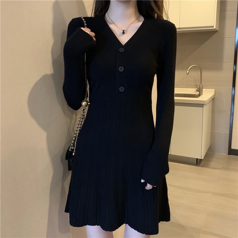 New Korean fashion kitted longsleeve dress /casual dress/v-neck - Main Image