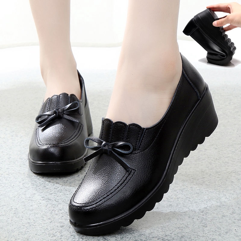 Women Middle Heel Single Shoe Leather Non Slip Slope Heel Black Work ...