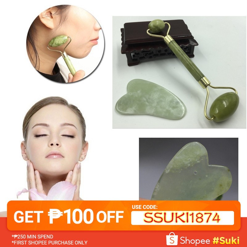 Massager Guasha Facial Jade Roller Body Gua Sha Board Set Shopee