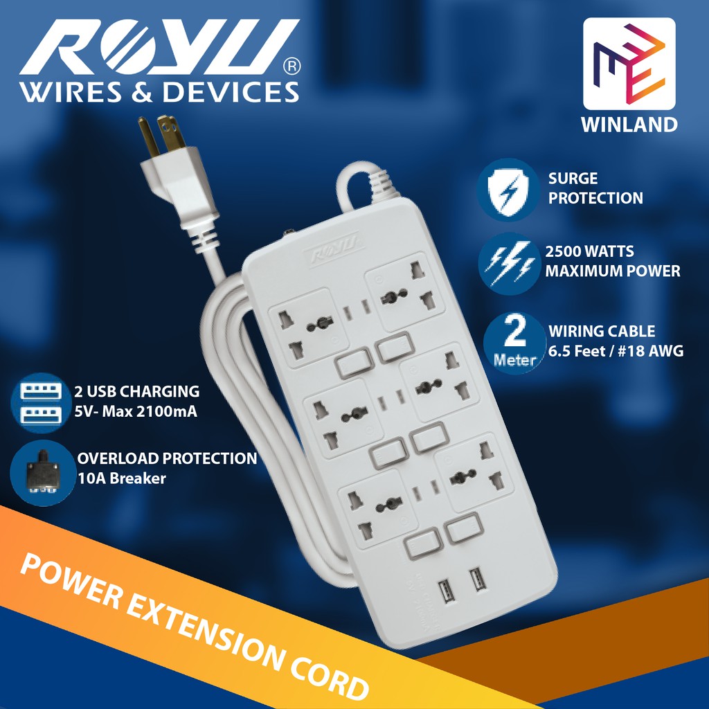 ROYU 2 Meters 6 Socket Power Extension Cord Cable Wire with Individual ...