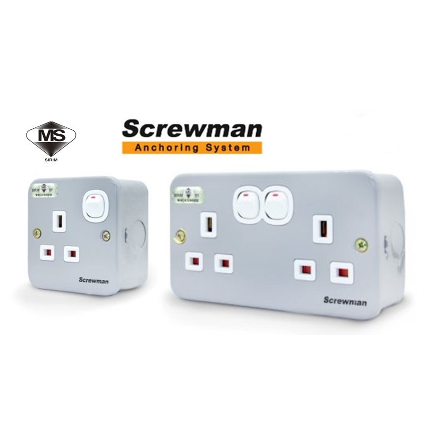 Screwman 13A Metal Clad Heavy Duty Switch Socket 1 Gang / 2 Gang With
