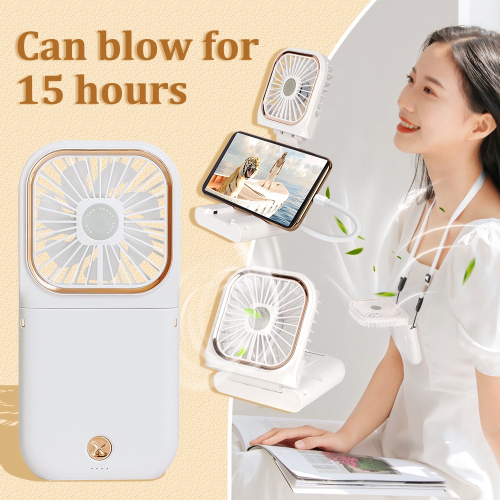 Mini Fan Neck Portable Mirror Fan 3-In-1 Fold Bracket Charging Treasure ...
