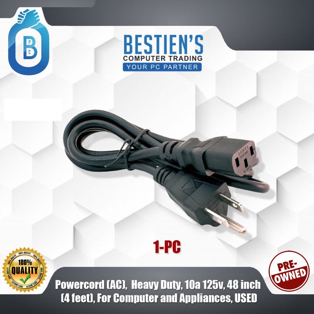 Powercord (AC), 3-PIN MALE Heavy Duty, 10a 125v, 1-meter, For Computer ...