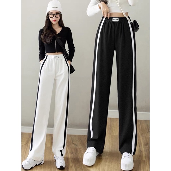 Korean high waist loose pants for women drape pants striped sports ...