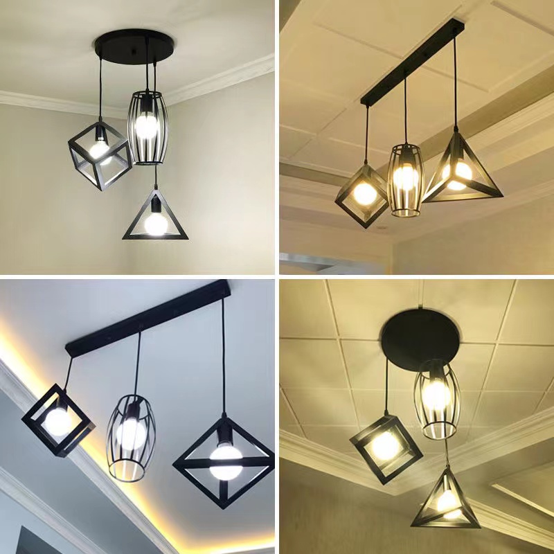 (Three free bulbs) Indoor retro triangular square drum chandelier Multi ...