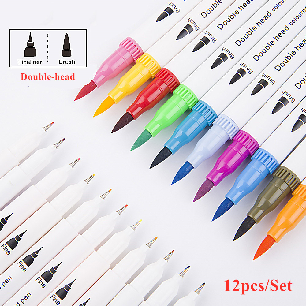 Double-Head Colored Pens 12pcs/set Brush Pen Dual Tip Marker Pens Paint ...