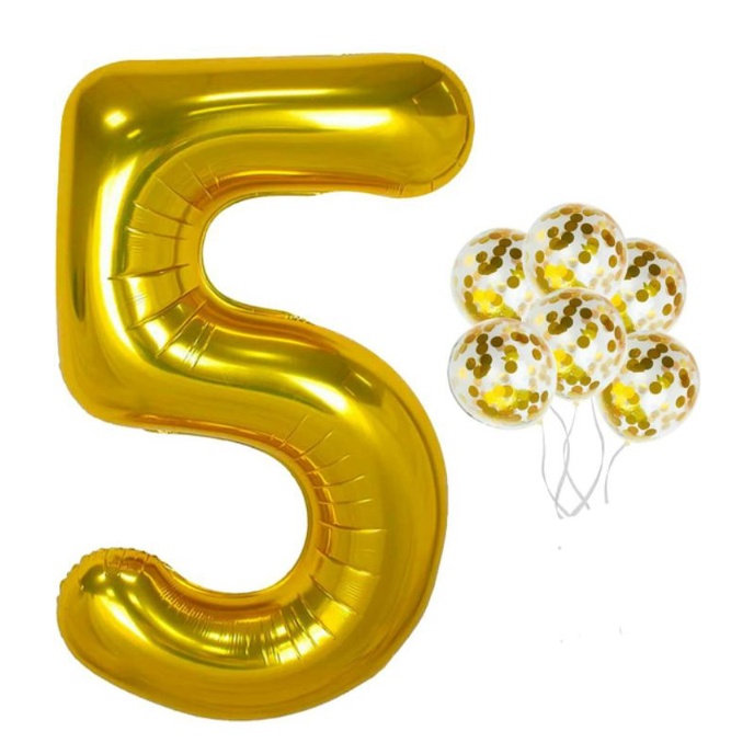 Gold Number 5 Balloon 76cm and Gold Confetti Latex Balloons 12