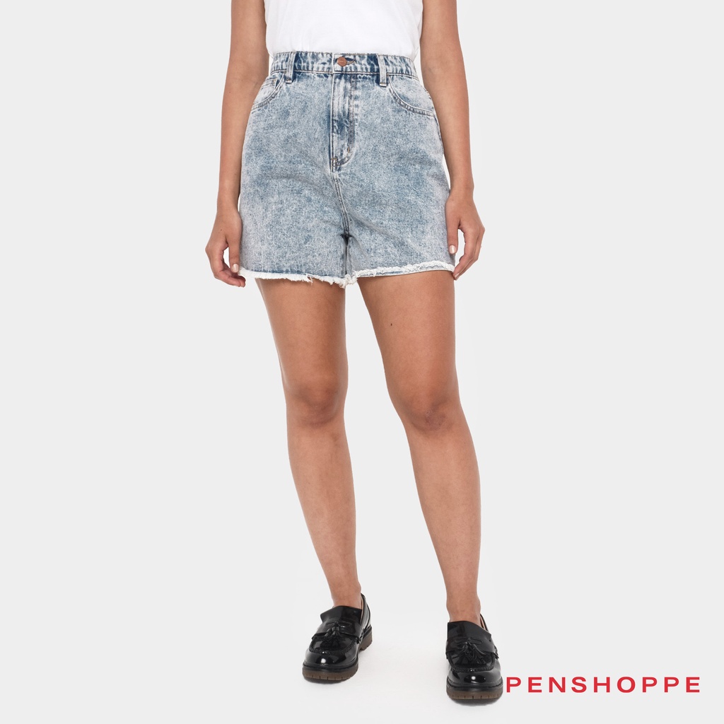 Penshoppe Regular Fit Denim Shorts With Raw Edge Hem For Women Powder Blue Shopee Philippines