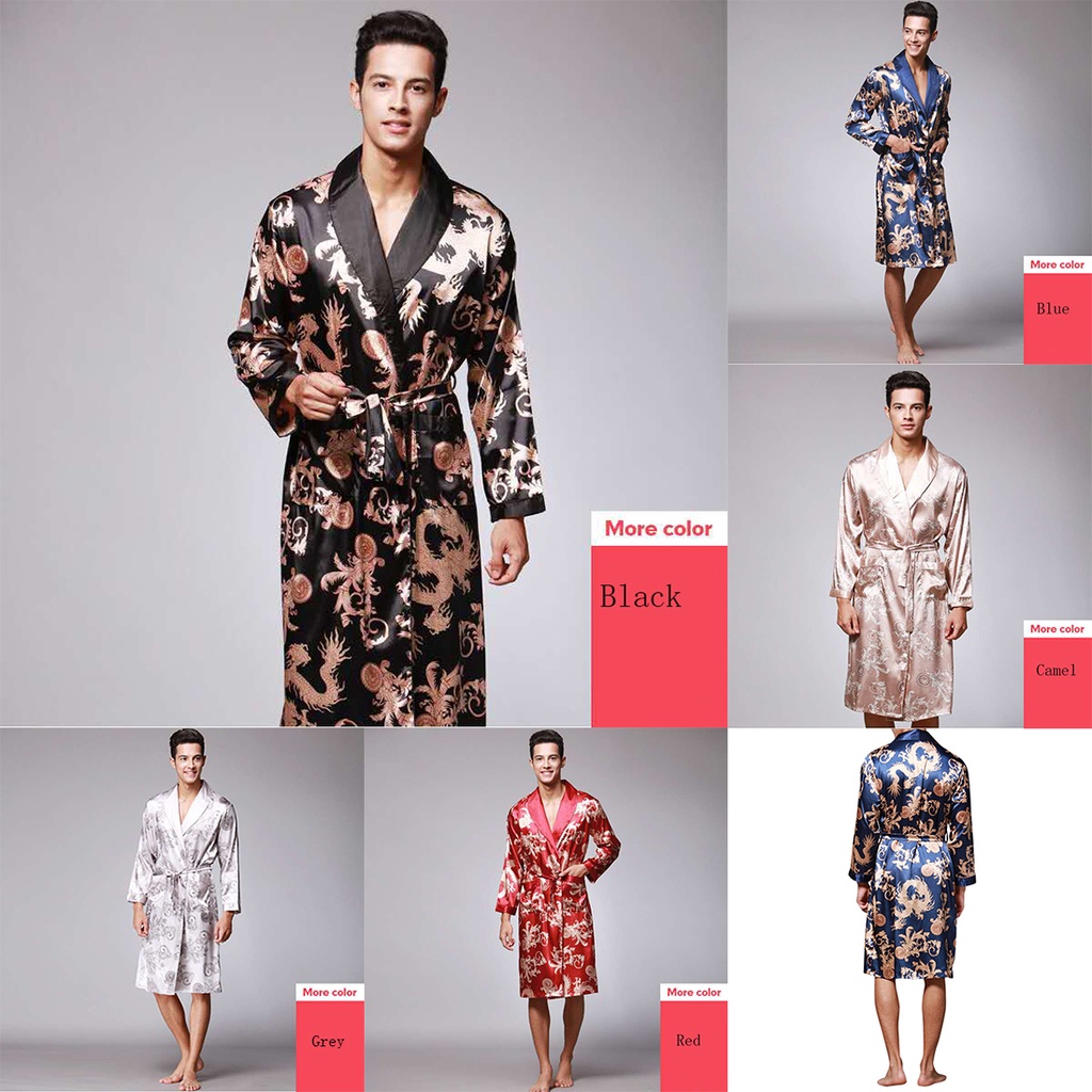 Men Silk Summer and Autumn Satin Kimono Bathrobe Golden Dragon Knee ...