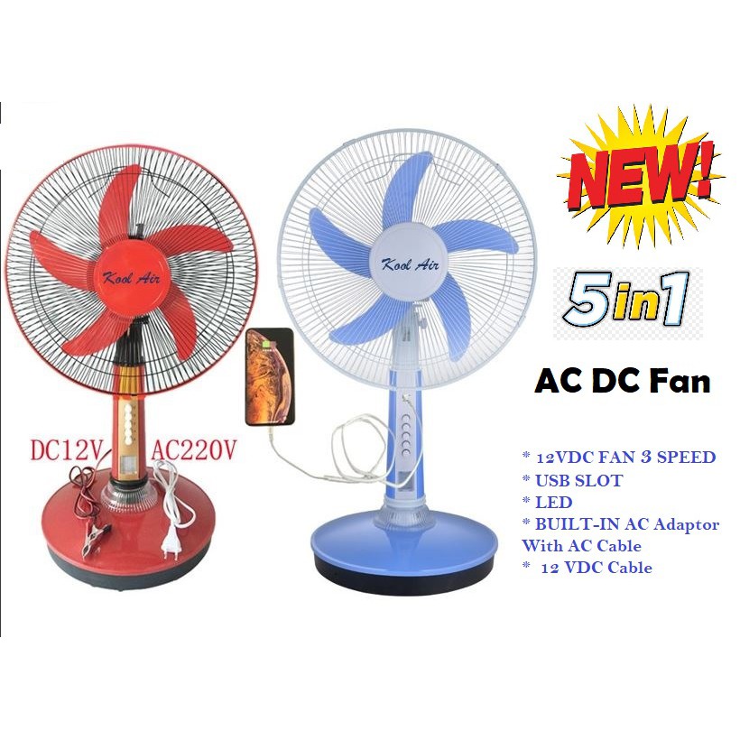 NEW 5 in 1 AC DC Table Fan 12VDC 15W 5 Blades 16 Inch 100 Copper Motor