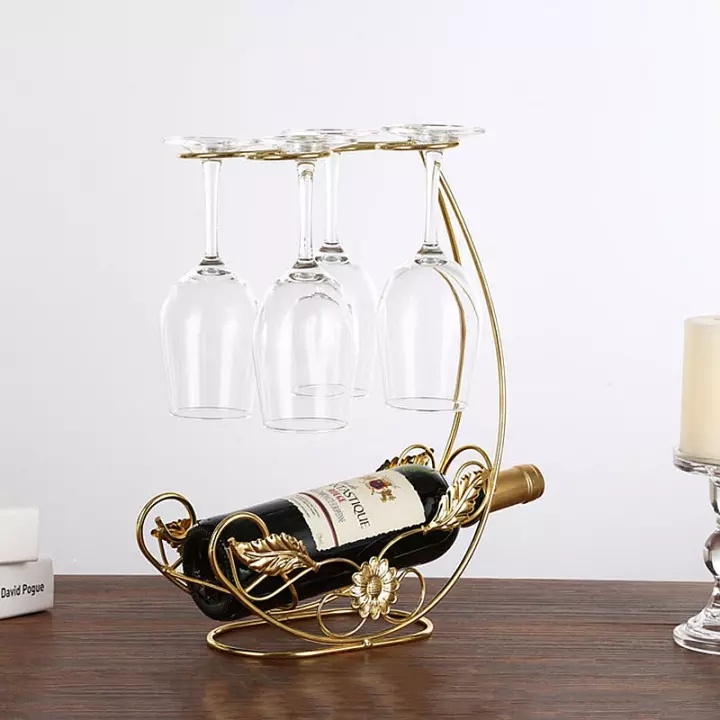 Vintage Tabletop Wine Rack & Stemware Holder Metal Elegant Freestanding Countertop Wine Glass