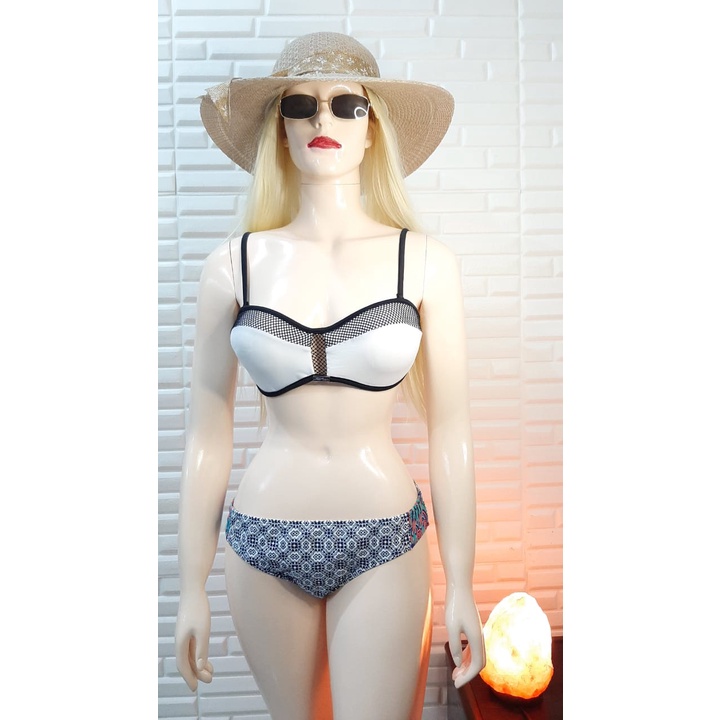 Two piece Swimsuit Bikini Set White and Checkered Color Combination