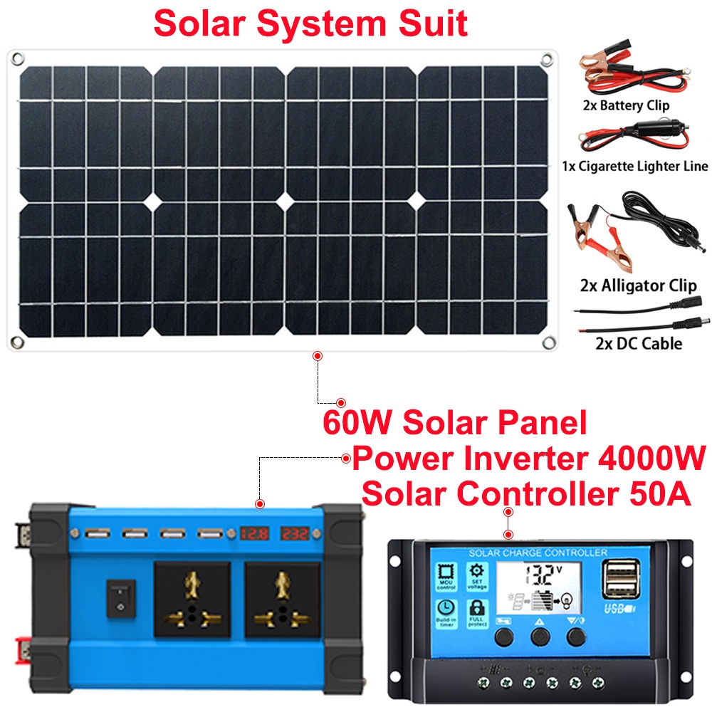 HAOSONG Solar system Suit Solar Panel 60W 18V+ Power Inverter 4000W ...