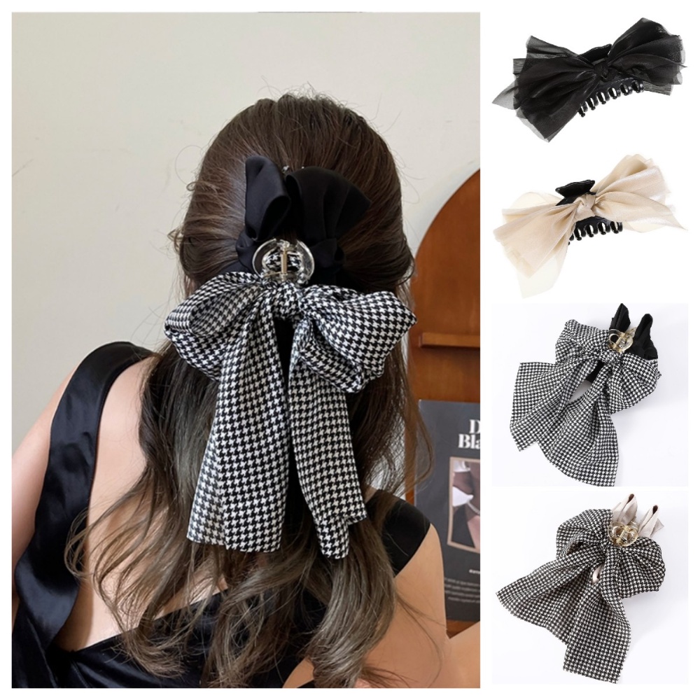 Mesh Double-sided Houndstooth Ribbon Bow Hair Clip Japanese and Korean ...