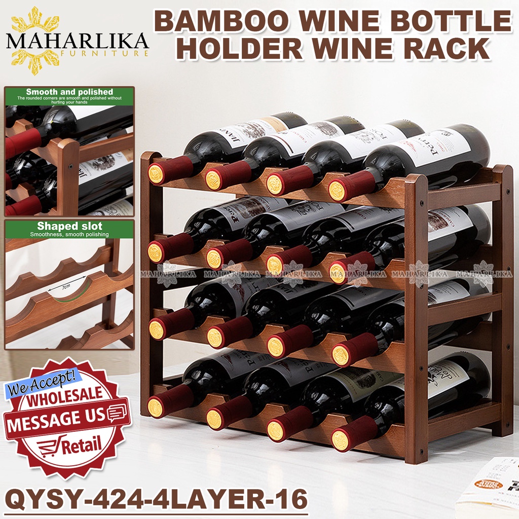 Maharlika Qysy 424 Bamboo Countertop Wine Rack Wine Bottle Holder Wine Storage Cabinet Display