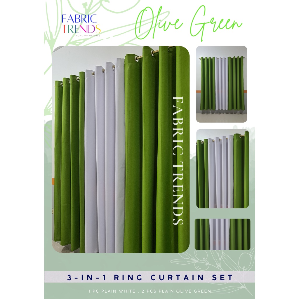 Fabric Trends 3Piece Plain Ring Curtain Set (Olive Green + White
