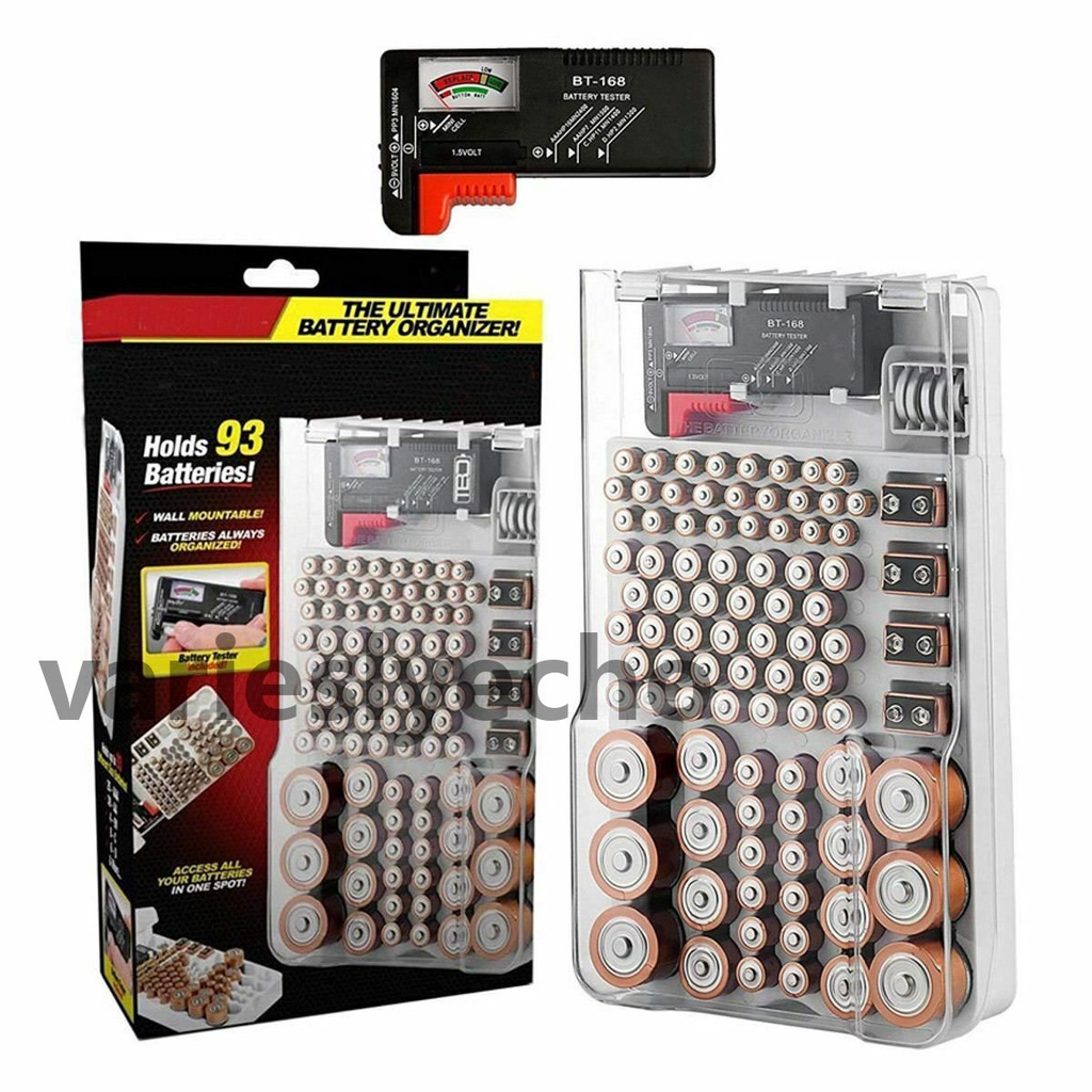 Battery Organizer Storage Case with Hinged Clear Cover Removable Battery  Tester Holds 93 Batteries for AA,AAA,C,D 9-Volt