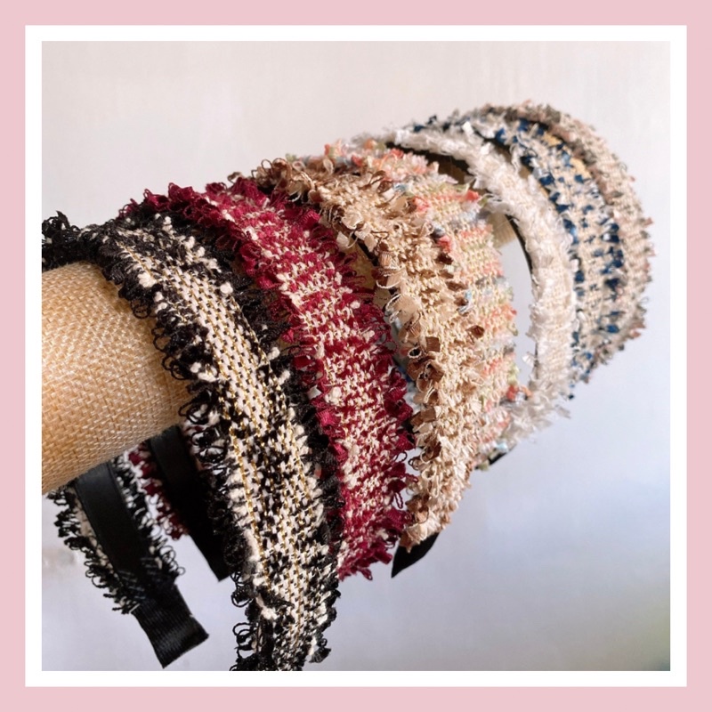 Boucle Tweed Wool Knot Headband - chanel tweed black pink white – Georgina  Blyth Millinery