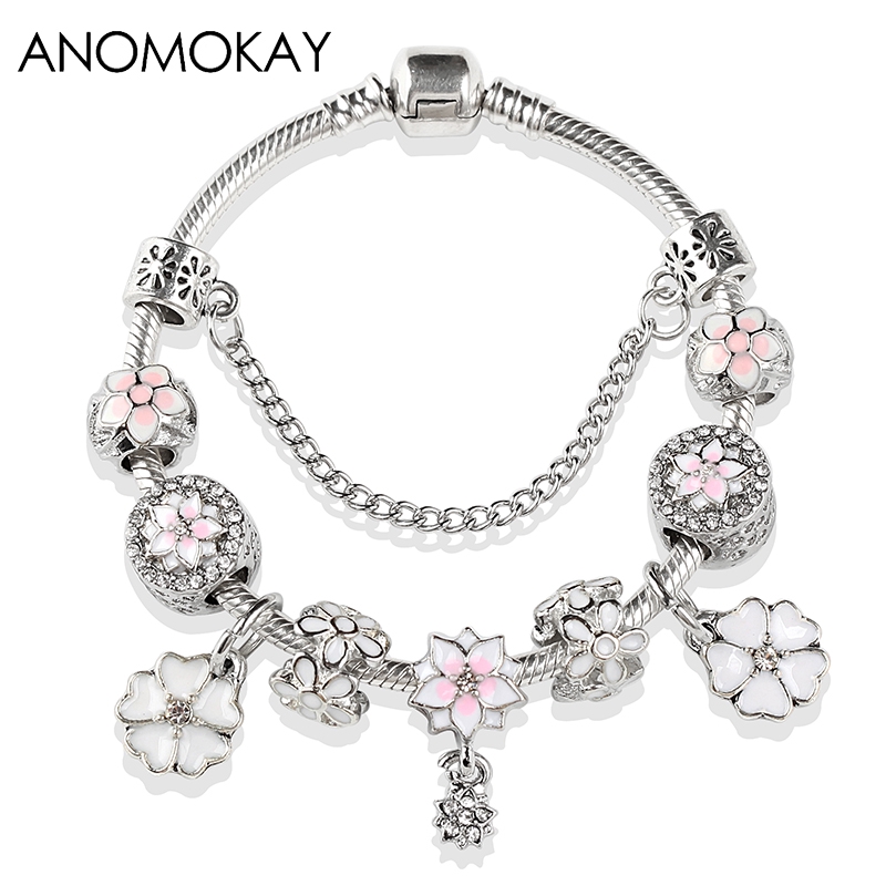 White & Pink Cherry Blossoms Enamel Charm Bracelets Flower Bead