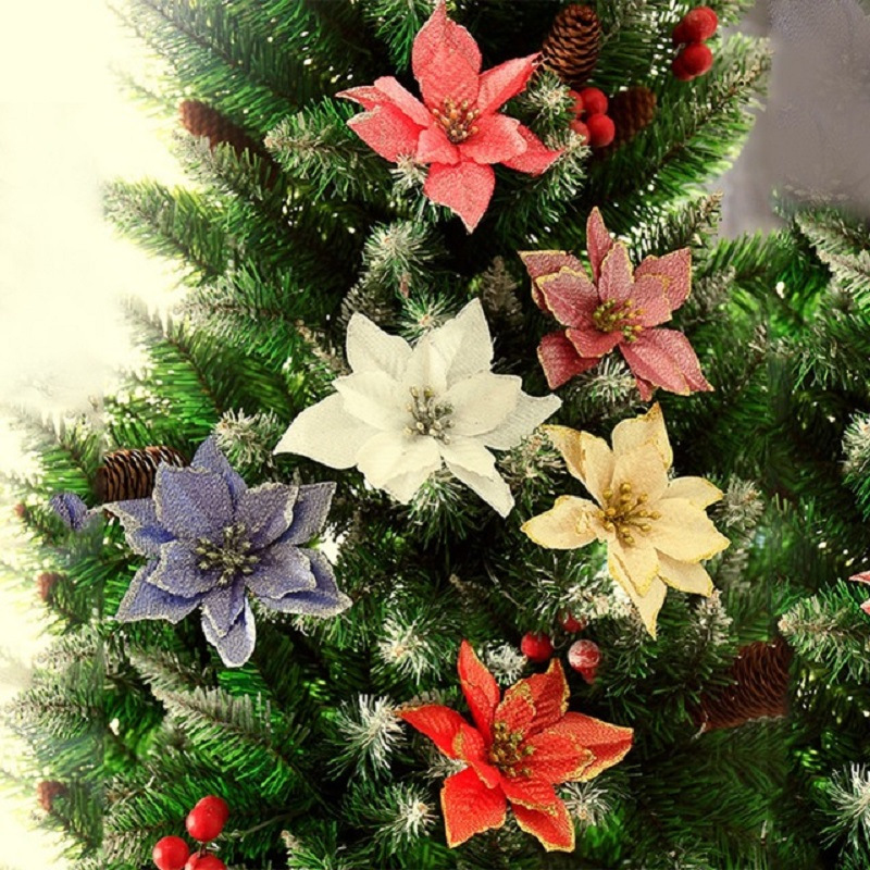 10Pcs 13cm Big Flower Head Glitter Artificial Silk Flower Christmas ...