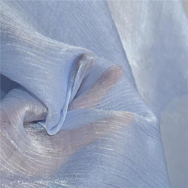 Light blue pleated glitter organza fabric Encrypted texture silver silk