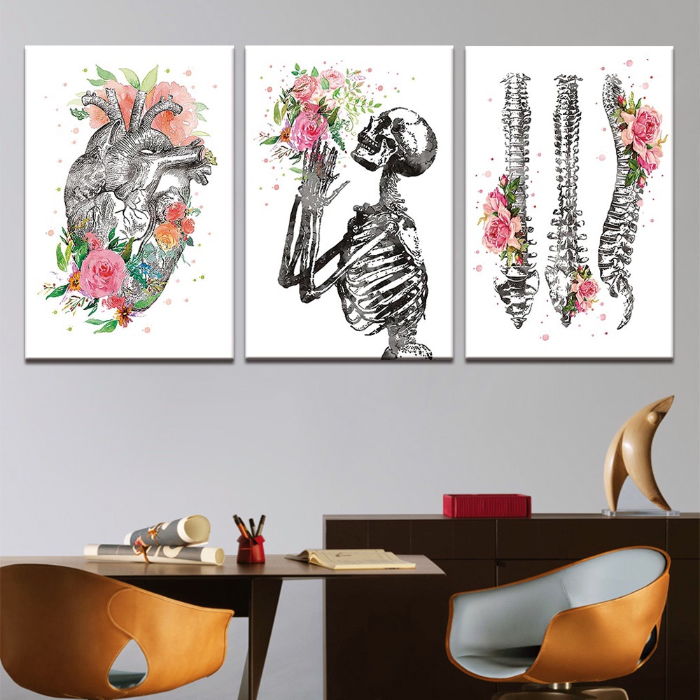 Floral Skeletal Bones Wall Art Print human anatomy Poster Skull Spine