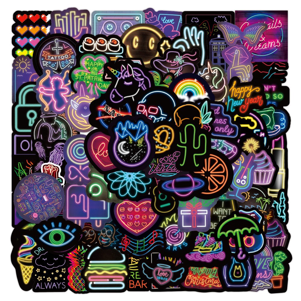 100/50/25/10PCS Cartoon Neon Light Graffiti Stickers Car Guitar ...